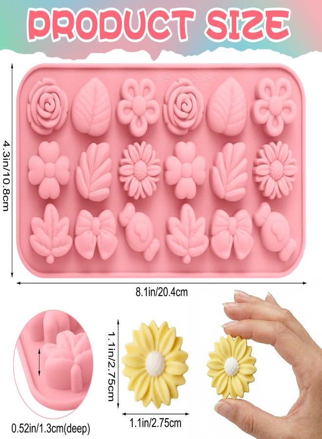 Sliner 3 Pcs Flower Candy Molds Silicone 3D Daisy Rose Bow Tulip Leaf Chocolate Molds 18-cavities for Chocolate Gummies Cupcake Jelly Muffin Cookie Dessert Baking Ice Cube Soap Making - Image 2