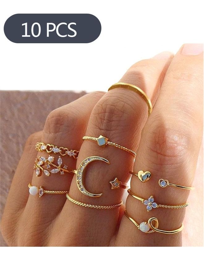 انت طقم خواتم مفصل مكون من 10 قطع للنساء والفتيات ، خواتم مجوهرات عتيقة قابلة للتكديس - Image 1