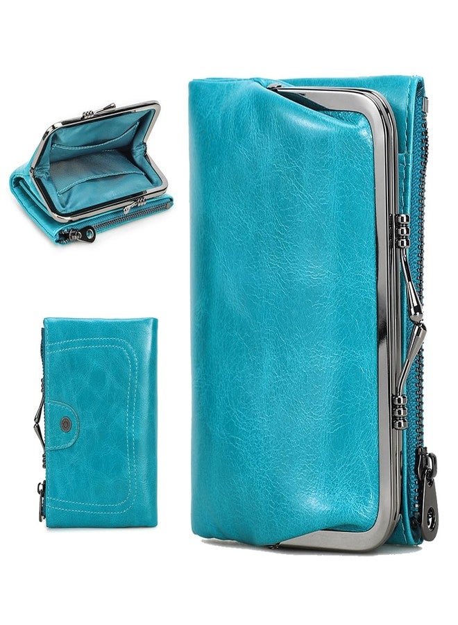 CONTACTS Full Grain Leather Kiss Lock Wallet for Women Kiss Clasp Coin Purse Vintage Small RFID Bifold Wallet (Blue) - Image 1