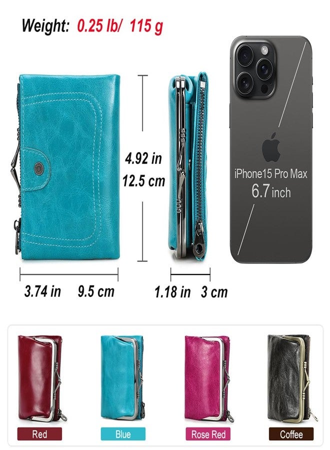 CONTACTS Full Grain Leather Kiss Lock Wallet for Women Kiss Clasp Coin Purse Vintage Small RFID Bifold Wallet (Blue) - Image 4