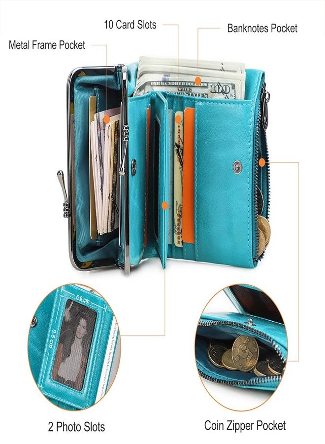 CONTACTS Full Grain Leather Kiss Lock Wallet for Women Kiss Clasp Coin Purse Vintage Small RFID Bifold Wallet (Blue) - Image 5