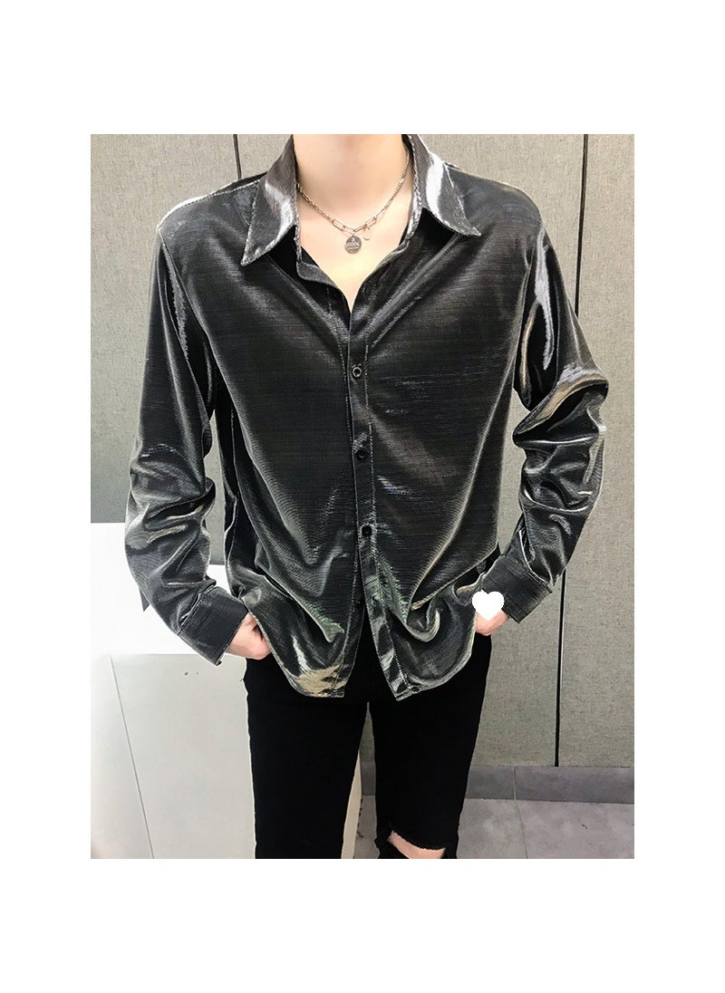 Generic - Shiny Face Mens Shirt Loose Drape Long Sleeve Spring Autumn Casual Hair Stylist Silk Washable Slim Fit Square Collar Solid Color Grey - Image 1