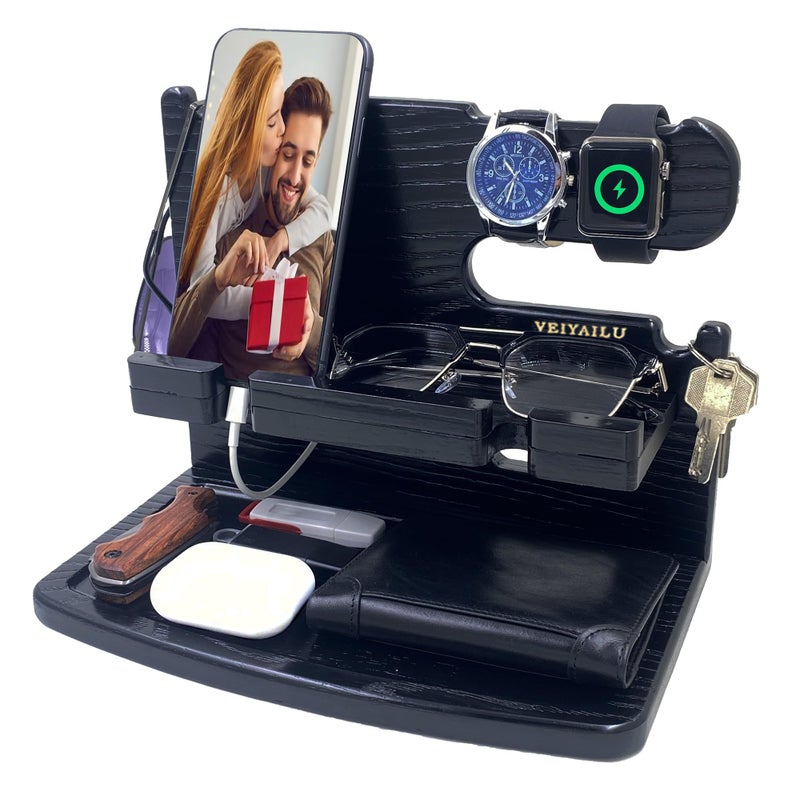 VEIYAILU Gifts for Men Dad Women Husband Boyfriend Him Nightstand Organizer for Men Wood Phone Docking Station Birthday Gifts Black