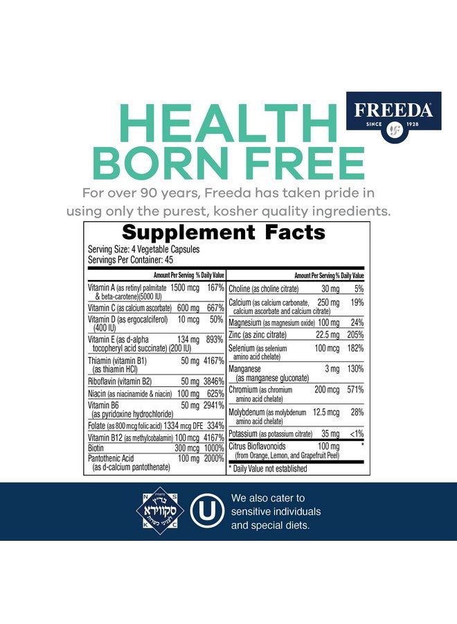 Freeda فريدا SCD متعدد الفيتامينات - مكمل يومي متعدد الفيتامينات للرجال والنساء - نباتي، خالي من الغلوتين، قانوني SCD - فيتامينات للبالغين معتمدة كوشير - صديقة لنظام الكربوهيدرات المحدد - 180 كبسولة - Image 3