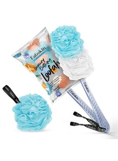 Fabskin Luxury Bath Loofah Duo Pack - Loofah Sponge And Loofah Brush With Plastic Handle | Loofah For Bathing For Women & Men | Bath Brush Body Back Scrubber For Bathing (Blue And White)  - Image 1