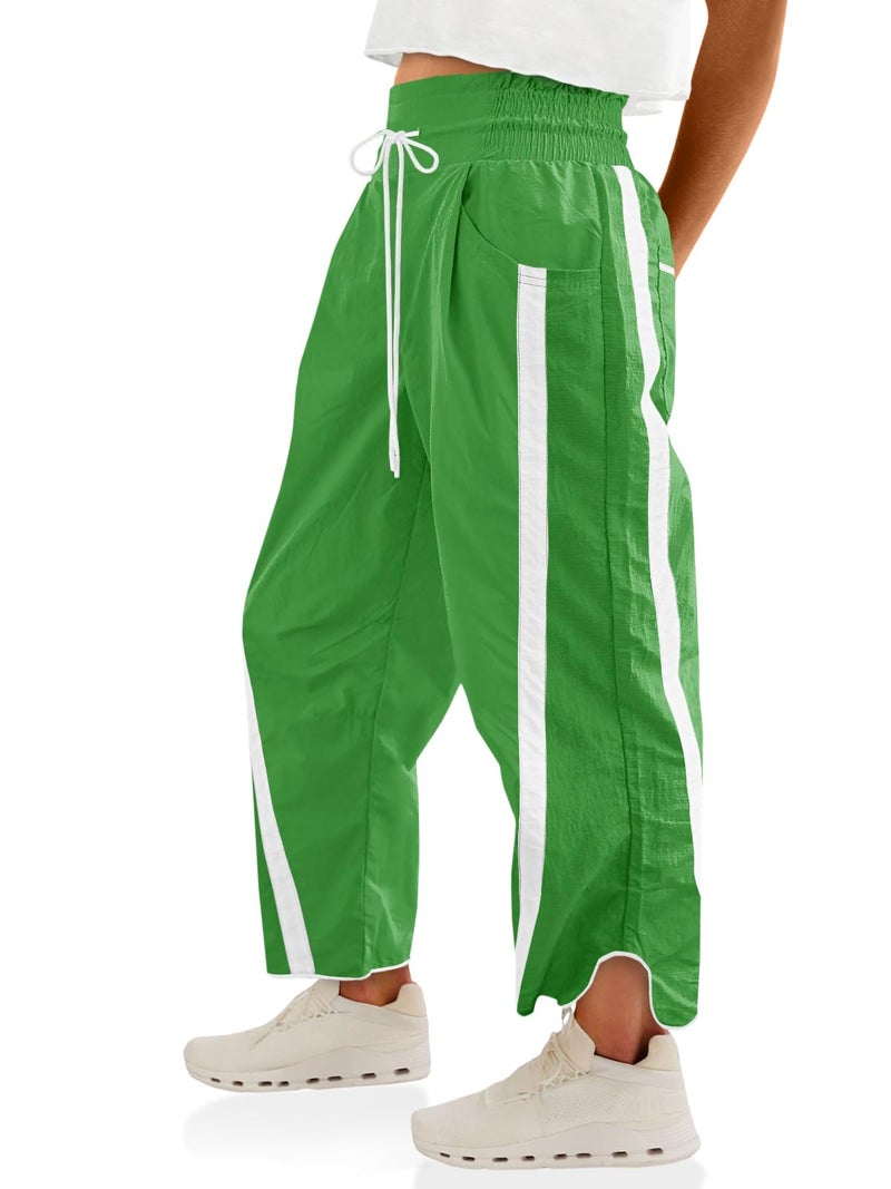 Fisoew Women's Baggy Wide Leg Pants Casual Drawstring Elastic Waisted Contrast Color Workout Y2K Track Pants Green - Image 1