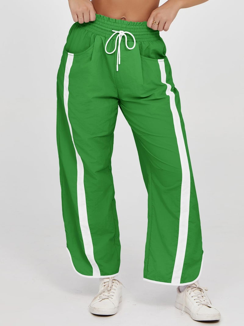 Fisoew Women's Baggy Wide Leg Pants Casual Drawstring Elastic Waisted Contrast Color Workout Y2K Track Pants Green - Image 2