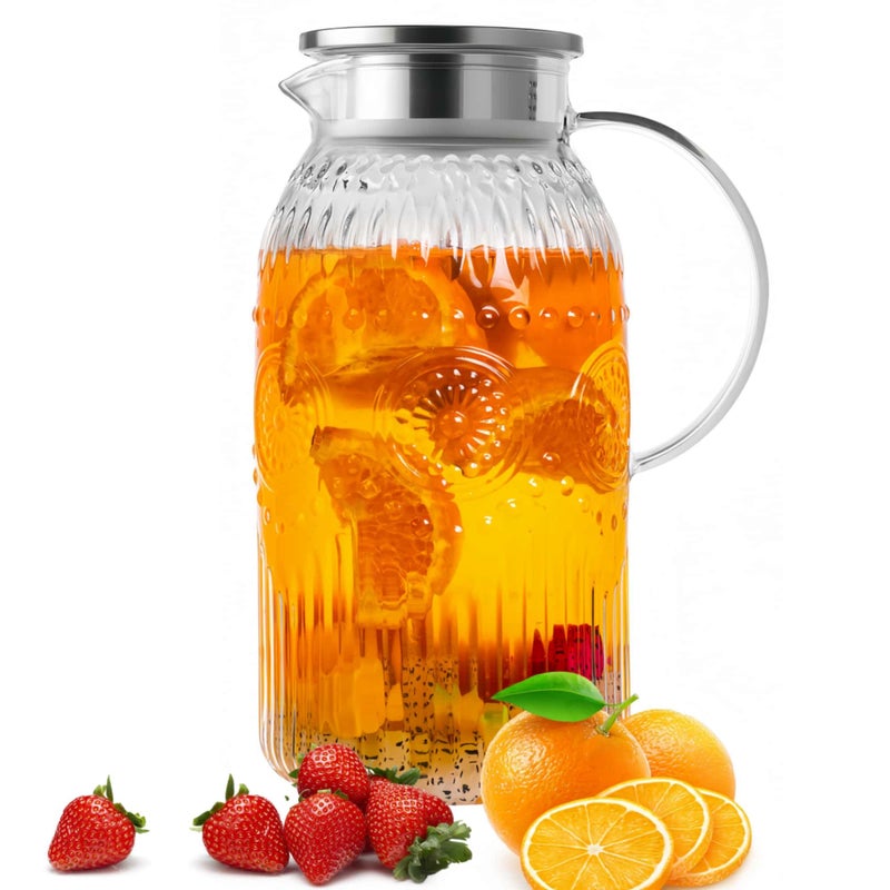 Bandesun Vintage Glass Pitcher with Lid, Heat Resistant Borosilicate Water Jug, 68 oz/ 2 Liter Water Pitcher with Handle and Spout for Fridge, Carafe for Hot/Cold Coffee, Tea,Beverage 1Pack - Image 1