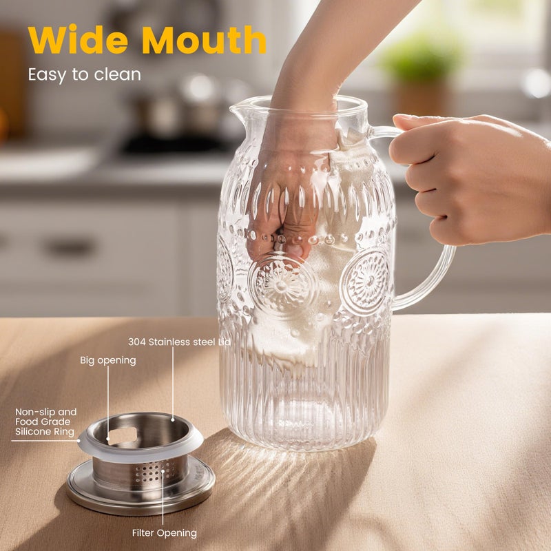 Bandesun Vintage Glass Pitcher with Lid, Heat Resistant Borosilicate Water Jug, 68 oz/ 2 Liter Water Pitcher with Handle and Spout for Fridge, Carafe for Hot/Cold Coffee, Tea,Beverage 1Pack - Image 4