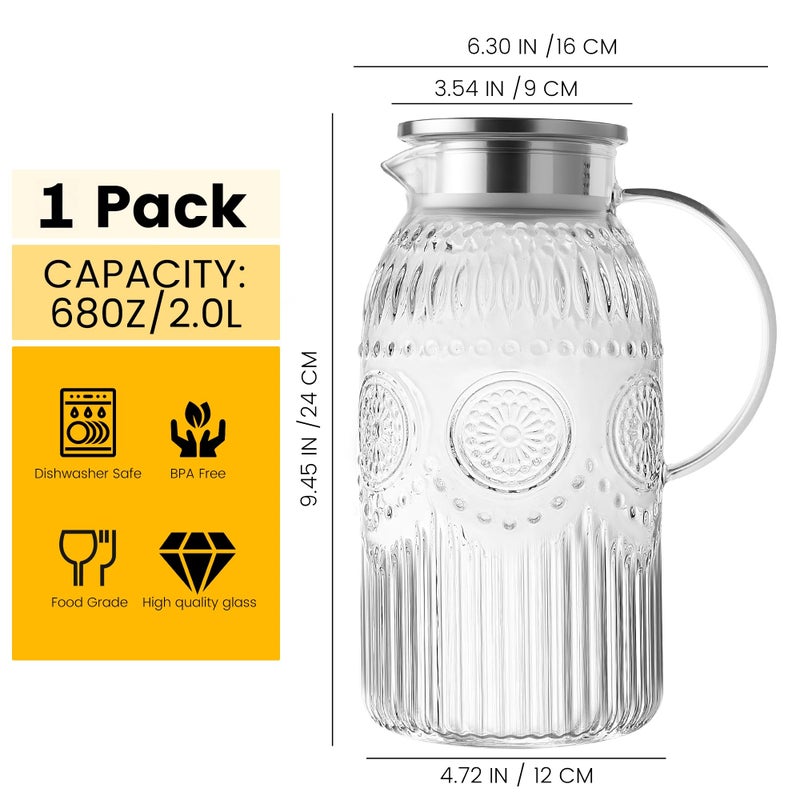 Bandesun Vintage Glass Pitcher with Lid, Heat Resistant Borosilicate Water Jug, 68 oz/ 2 Liter Water Pitcher with Handle and Spout for Fridge, Carafe for Hot/Cold Coffee, Tea,Beverage 1Pack - Image 2