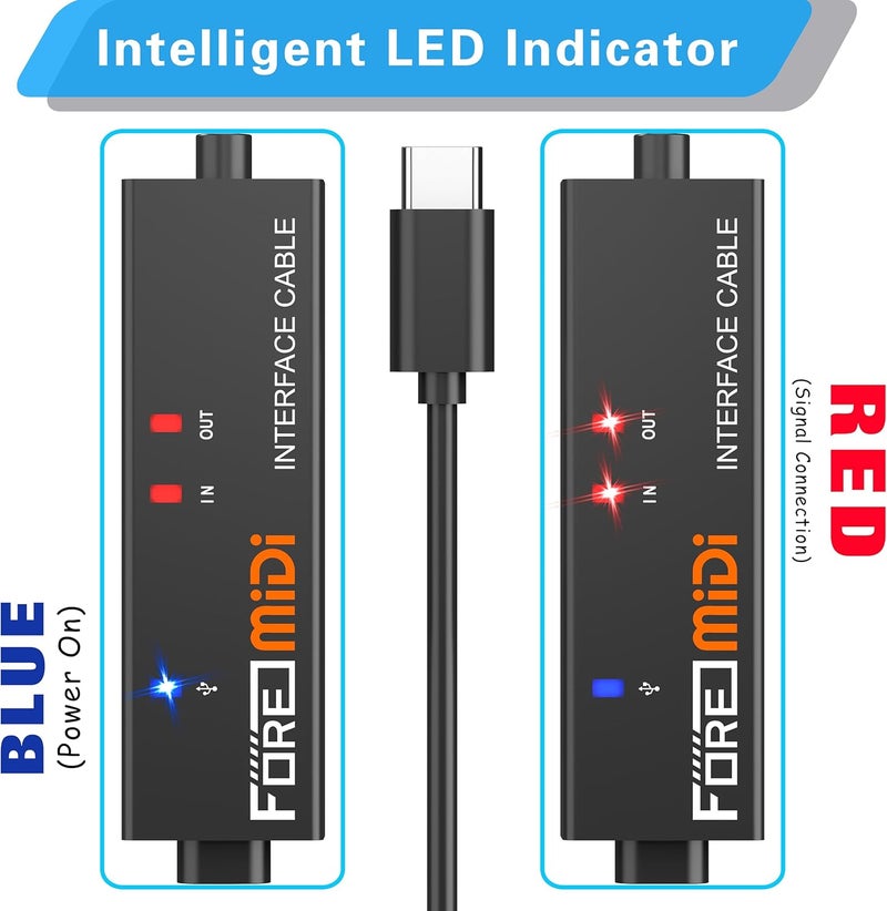 FORE T1 Type-C to MIDI Interface with Input&Output MIDI 5-Pin Din Work with Keyboard/Synthesizer/MIDI Device for Editing&Recording Track Compatible with iOS, Mac OS & Windows Type-C Balck - 6.5Ft - Image 3