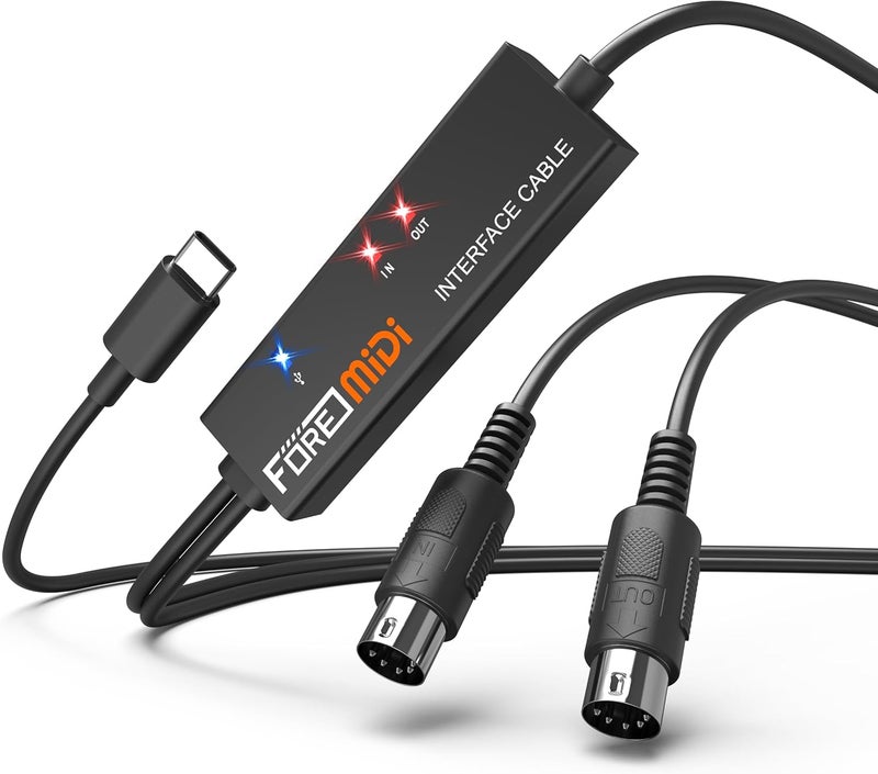 FORE T1 Type-C to MIDI Interface with Input&Output MIDI 5-Pin Din Work with Keyboard/Synthesizer/MIDI Device for Editing&Recording Track Compatible with iOS, Mac OS & Windows Type-C Balck - 6.5Ft - Image 1