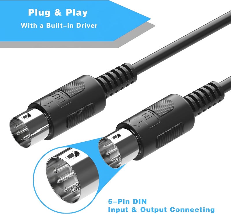 FORE T1 Type-C to MIDI Interface with Input&Output MIDI 5-Pin Din Work with Keyboard/Synthesizer/MIDI Device for Editing&Recording Track Compatible with iOS, Mac OS & Windows Type-C Balck - 6.5Ft - Image 4
