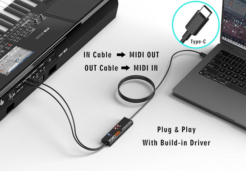FORE T1 Type-C to MIDI Interface with Input&Output MIDI 5-Pin Din Work with Keyboard/Synthesizer/MIDI Device for Editing&Recording Track Compatible with iOS, Mac OS & Windows Type-C Balck - 6.5Ft - Image 5