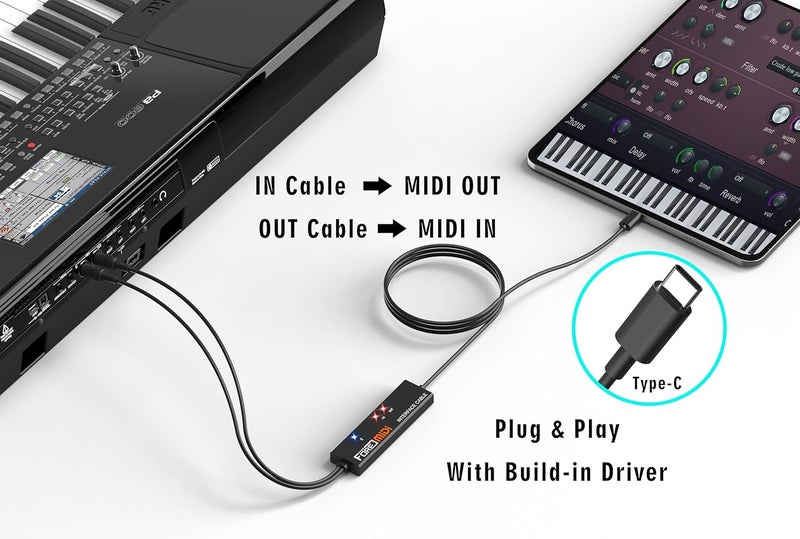 FORE T1 Type-C to MIDI Interface with Input&Output MIDI 5-Pin Din Work with Keyboard/Synthesizer/MIDI Device for Editing&Recording Track Compatible with iOS, Mac OS & Windows Type-C Balck - 6.5Ft - Image 2