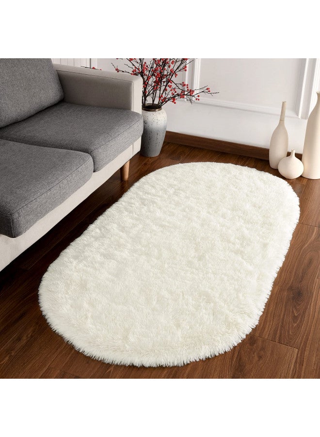 Softlife Fluffy Rugs for Bedroom, Shag Cute Area Rug for Girls/Boys and Kids Baby Room Home Decor, 2.6 x 5.3 Feet Oval Indoor Carpet for Nursery Dorm Living Room, Creamy - Image 2