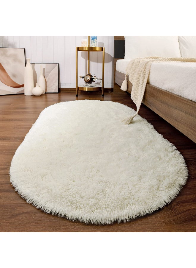 Softlife Fluffy Rugs for Bedroom, Shag Cute Area Rug for Girls/Boys and Kids Baby Room Home Decor, 2.6 x 5.3 Feet Oval Indoor Carpet for Nursery Dorm Living Room, Creamy - Image 1