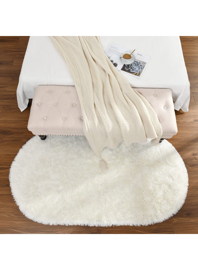 Softlife Fluffy Rugs for Bedroom, Shag Cute Area Rug for Girls/Boys and Kids Baby Room Home Decor, 2.6 x 5.3 Feet Oval Indoor Carpet for Nursery Dorm Living Room, Creamy - Image 3