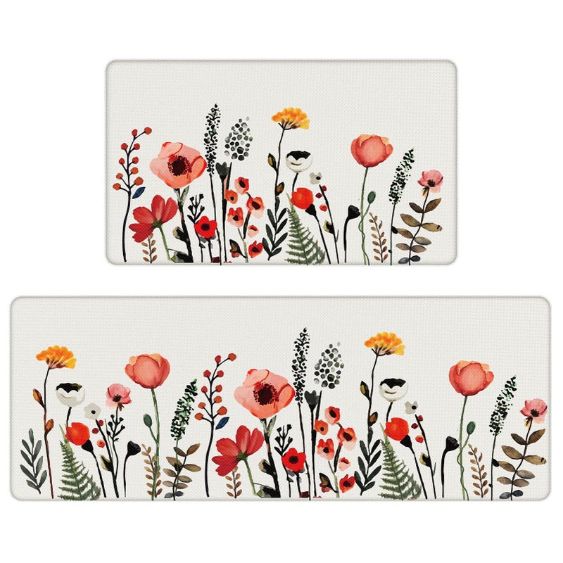 Serwrsw Kitchen Mats for Floor 2 Piece White, Colorful Flower Fern Kitchen Floor Mats for in Front of Sink, Floral Kitchen Rugs Non Slip Washable - Image 1