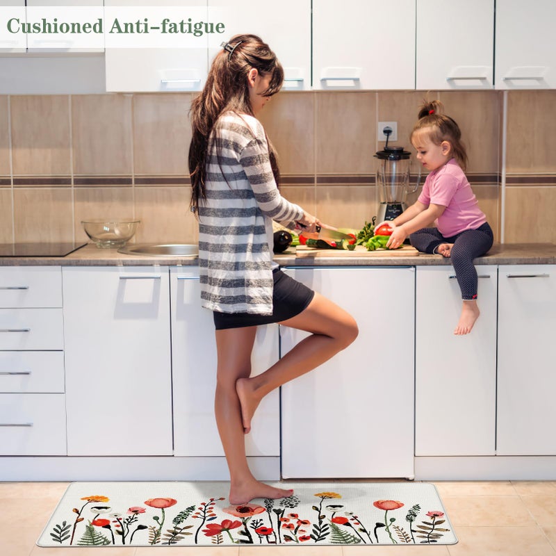 Serwrsw Kitchen Mats for Floor 2 Piece White, Colorful Flower Fern Kitchen Floor Mats for in Front of Sink, Floral Kitchen Rugs Non Slip Washable - Image 3