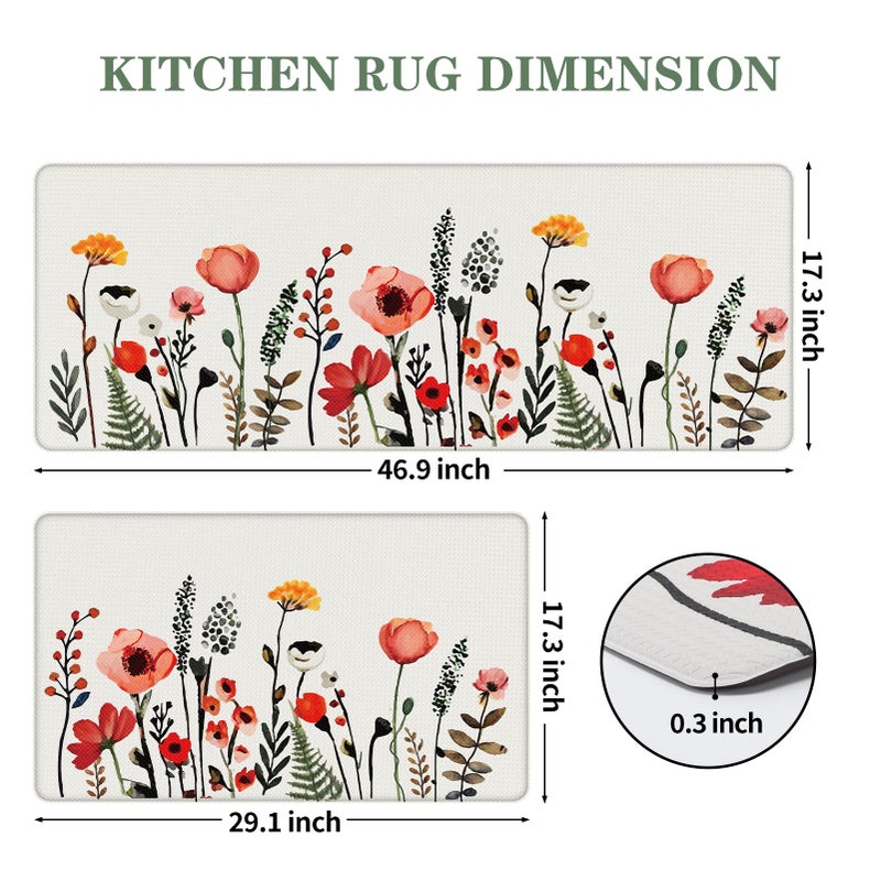 Serwrsw Kitchen Mats for Floor 2 Piece White, Colorful Flower Fern Kitchen Floor Mats for in Front of Sink, Floral Kitchen Rugs Non Slip Washable - Image 2
