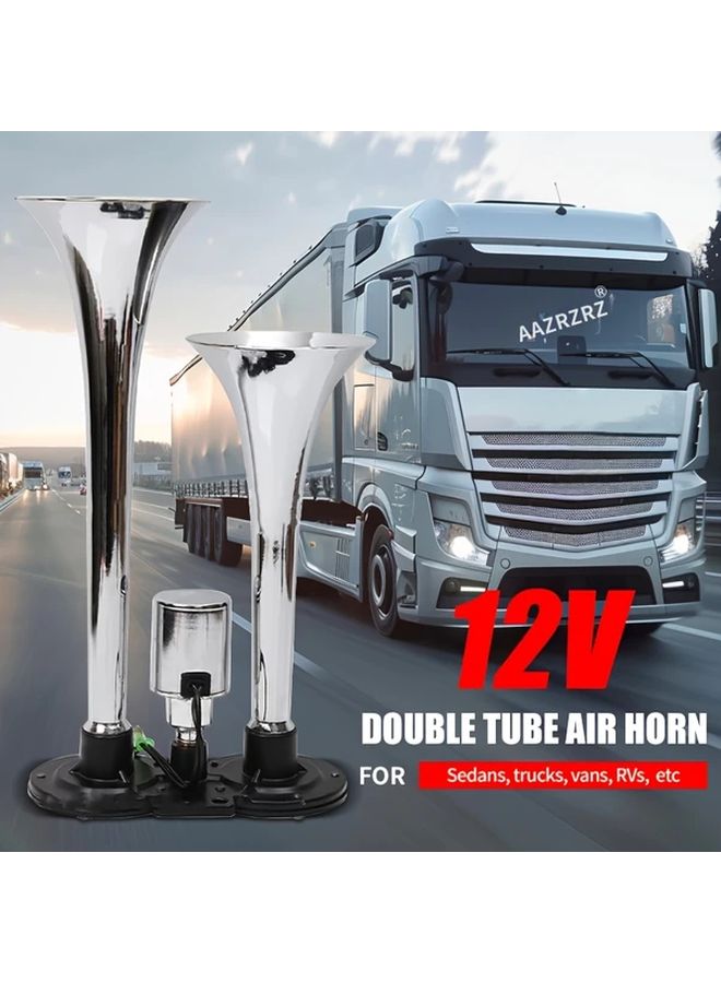 Upgraded 2nd Generation Silvery Dual Trumpet Air Horns for 12V Vehicles 115dB Loud Chrome Plated Zinc Horn with All Copper Coil Easy Install on Trucks SUVs Motorcycles Boats Cars Automotive Accessories - Image 1