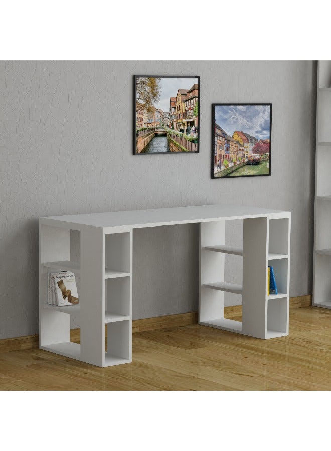 Colmar Modern Working Table With Storage – Study Desk For Home Study Room Office – 12 Open Shelves Simple Design – 60X75X140 Cm White