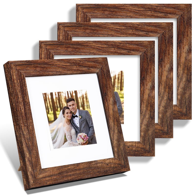 Hongkee 6x6 Picture Frame Set of 4, Made of Glass and Rustic Brown Wooden Frame - Display Picture 4x4 with Mat or 6 x 6 Without Mat, 6x6 Photo for Wall or Tabletop - Image 1
