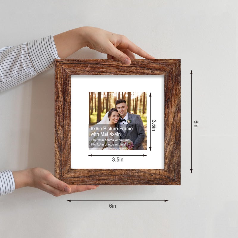 Hongkee 6x6 Picture Frame Set of 4, Made of Glass and Rustic Brown Wooden Frame - Display Picture 4x4 with Mat or 6 x 6 Without Mat, 6x6 Photo for Wall or Tabletop - Image 2