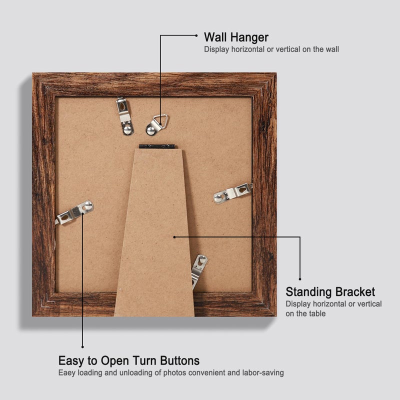 Hongkee 6x6 Picture Frame Set of 4, Made of Glass and Rustic Brown Wooden Frame - Display Picture 4x4 with Mat or 6 x 6 Without Mat, 6x6 Photo for Wall or Tabletop - Image 3
