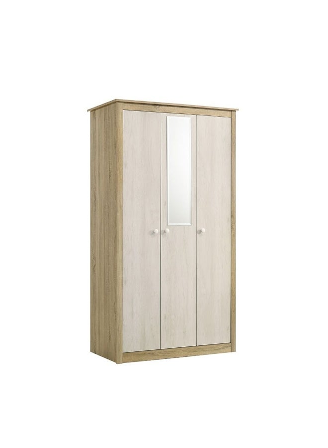 DANUBE HOME Kelly 3 Door Wardrobe With Mirror Sturdy Closet Clothes Storage Cupboard For Kids Modern Design Space Saving Swing Door Cabinet For Bedroom L122.5Xw55Xh210Cm - White Ash+Sonoma Oak  - Image 1