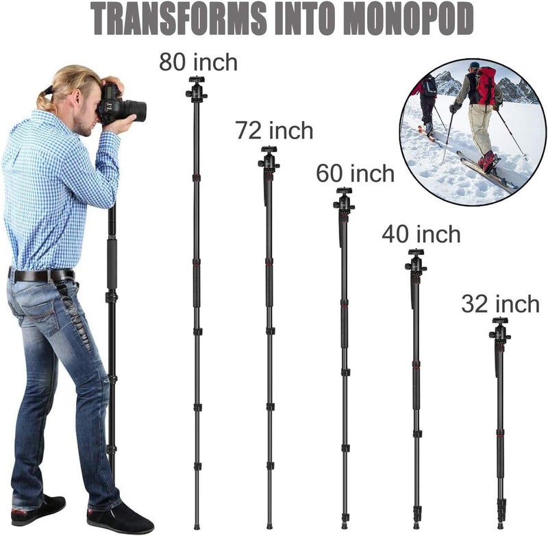 MACTREM 84" Camera Tripod, DSLR Tripod Heavy Duty for Travel, 360 ° Ball Head Professional Aluminum Tripod & Monopod with Carry Bag Compatible with Canon Nikon Binoculars Laser Telescope, 33lb Load - Image 4