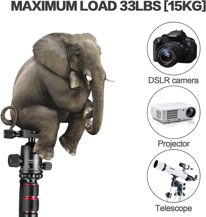MACTREM 84" Camera Tripod, DSLR Tripod Heavy Duty for Travel, 360 ° Ball Head Professional Aluminum Tripod & Monopod with Carry Bag Compatible with Canon Nikon Binoculars Laser Telescope, 33lb Load - Image 2