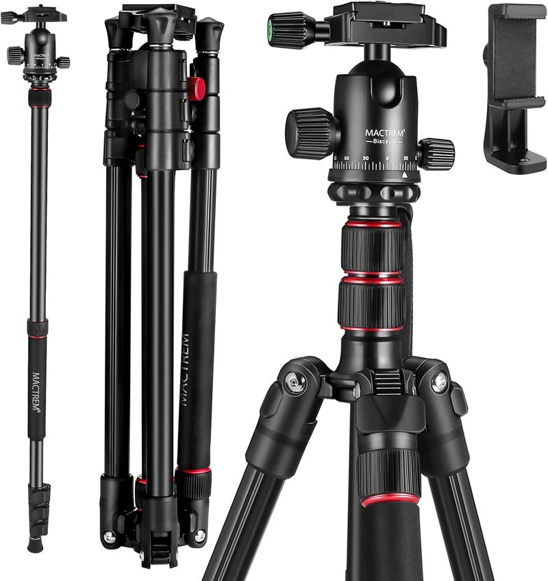 MACTREM 84" Camera Tripod, DSLR Tripod Heavy Duty for Travel, 360 ° Ball Head Professional Aluminum Tripod & Monopod with Carry Bag Compatible with Canon Nikon Binoculars Laser Telescope, 33lb Load - Image 1