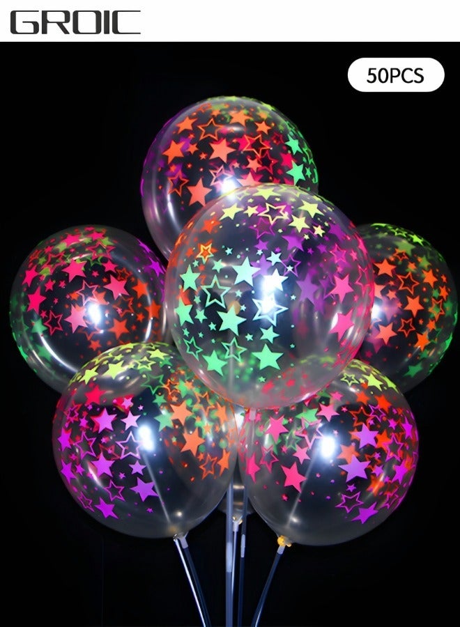GROIC 50 Pieces Neon Glow Balloons Stars Glow in Balloons Black Light Fluorescent Arch Party Decoration Balloons Neon Latex Balloons Party Supplies (Clear) - Image 1