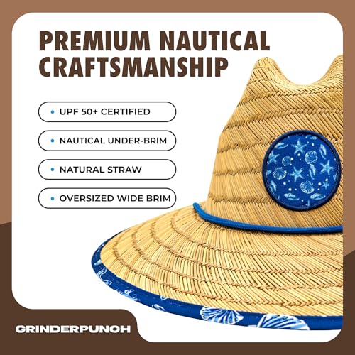 grinderPUNCH Lifeguard Hat Mens Straw Sun Hat for Beach, Outdoor, and Travel | UPF 50+ Sun Protection | Wide Brim Straw Beach Hat | Classic Sun Hat for Men and Women (Blue Nautical) - Image 3
