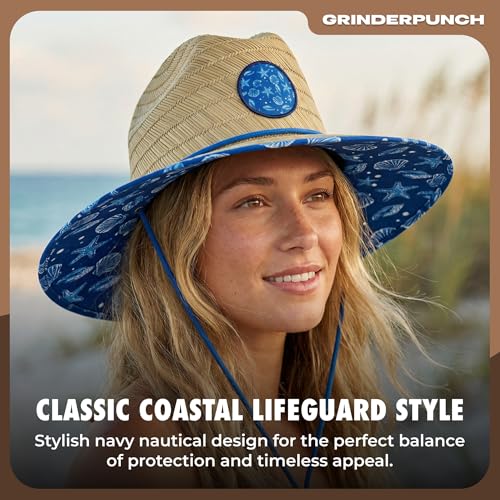 grinderPUNCH Lifeguard Hat Mens Straw Sun Hat for Beach, Outdoor, and Travel | UPF 50+ Sun Protection | Wide Brim Straw Beach Hat | Classic Sun Hat for Men and Women (Blue Nautical) - Image 2