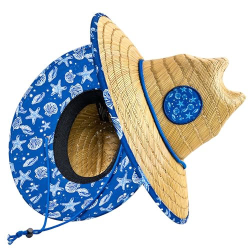 grinderPUNCH Lifeguard Hat Mens Straw Sun Hat for Beach, Outdoor, and Travel | UPF 50+ Sun Protection | Wide Brim Straw Beach Hat | Classic Sun Hat for Men and Women (Blue Nautical) - Image 1