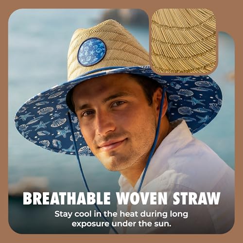 grinderPUNCH Lifeguard Hat Mens Straw Sun Hat for Beach, Outdoor, and Travel | UPF 50+ Sun Protection | Wide Brim Straw Beach Hat | Classic Sun Hat for Men and Women (Blue Nautical) - Image 4
