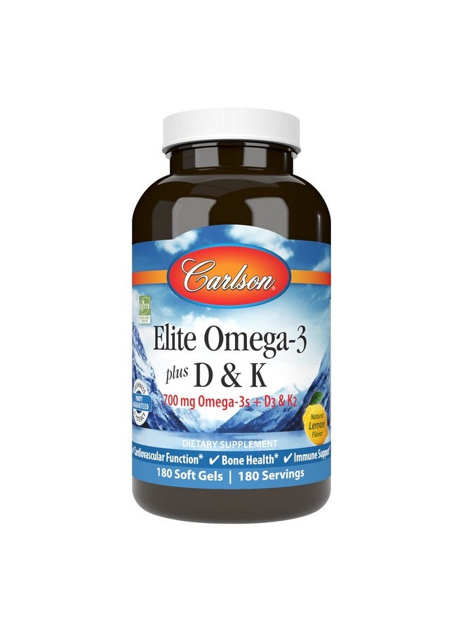 Carlson كارلسون - إيليت أوميغا-3 بلس D & K، 700 ملغ أوميغا-3s + D3 & K2، وظيفة، صحة العظام ودعم المناعة، ليمون، 180 كبسولة لينة - Image 1