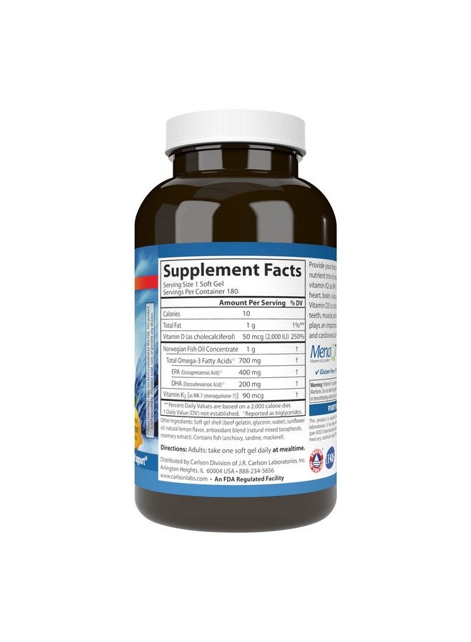 Carlson كارلسون - إيليت أوميغا-3 بلس D & K، 700 ملغ أوميغا-3s + D3 & K2، وظيفة، صحة العظام ودعم المناعة، ليمون، 180 كبسولة لينة - Image 2