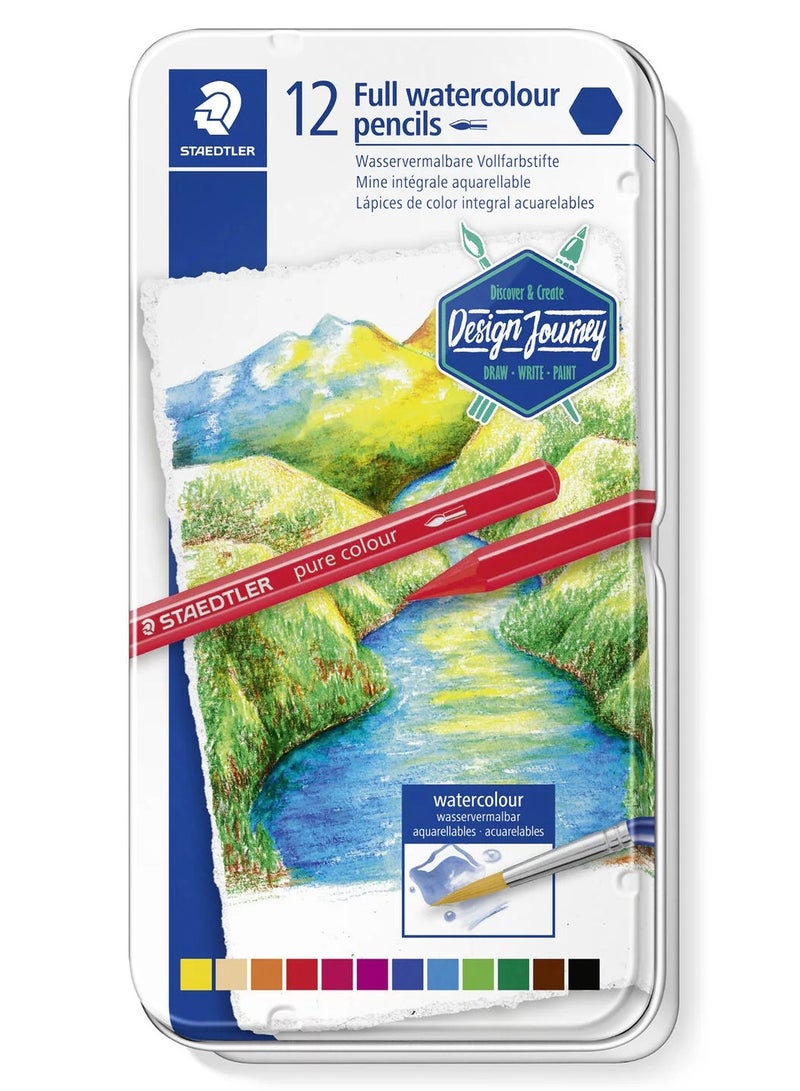 ستدلر قلم ألوان مائية كامل نقي بدون خشب - قلم ألوان مائية كامل صندوق معدني يحتوي على 12 قلم ألوان مائية بألوان متنوعة - Image 1