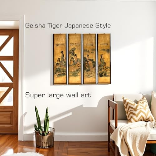 CIFIBIFUN Wall Japanese Geisha Tiger Art Prints Posters Painting Japan Traditional Vintage Style,4 Panels Home Walls Decor (Super Old Aging Paper, A Japan Painting) - Image 3
