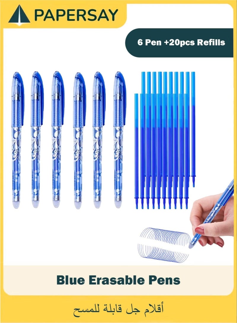 PAPERSAY 6-Piece Erasable Gel Pen Set with 20 Refills - 0.5mm Refillable Pens for Writing, Drawing & Calligraphy (Blue) - Image 1