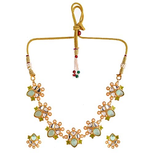 VOYLLA Forever More Green Enamelled Floral Pearls and Green Stones Jewellery Set - Image 1