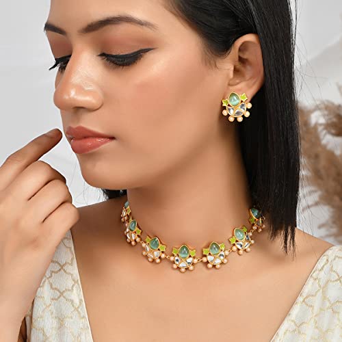 VOYLLA Forever More Green Enamelled Floral Pearls and Green Stones Jewellery Set - Image 3