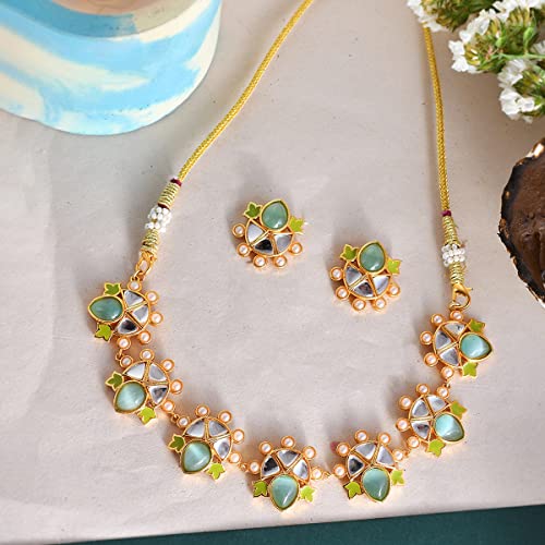 VOYLLA Forever More Green Enamelled Floral Pearls and Green Stones Jewellery Set - Image 2