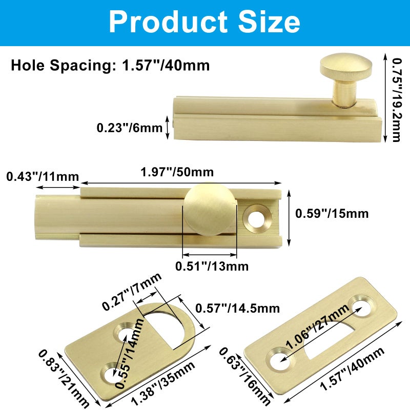 Luomorgo 1 Pack Solid Brass 2 Inch Surface Bolt, Brushed Gold Slide Latch Door Lock Bolt, Heavy Duty French Door Lock for Recessed Doors, Flush Gates - Image 2