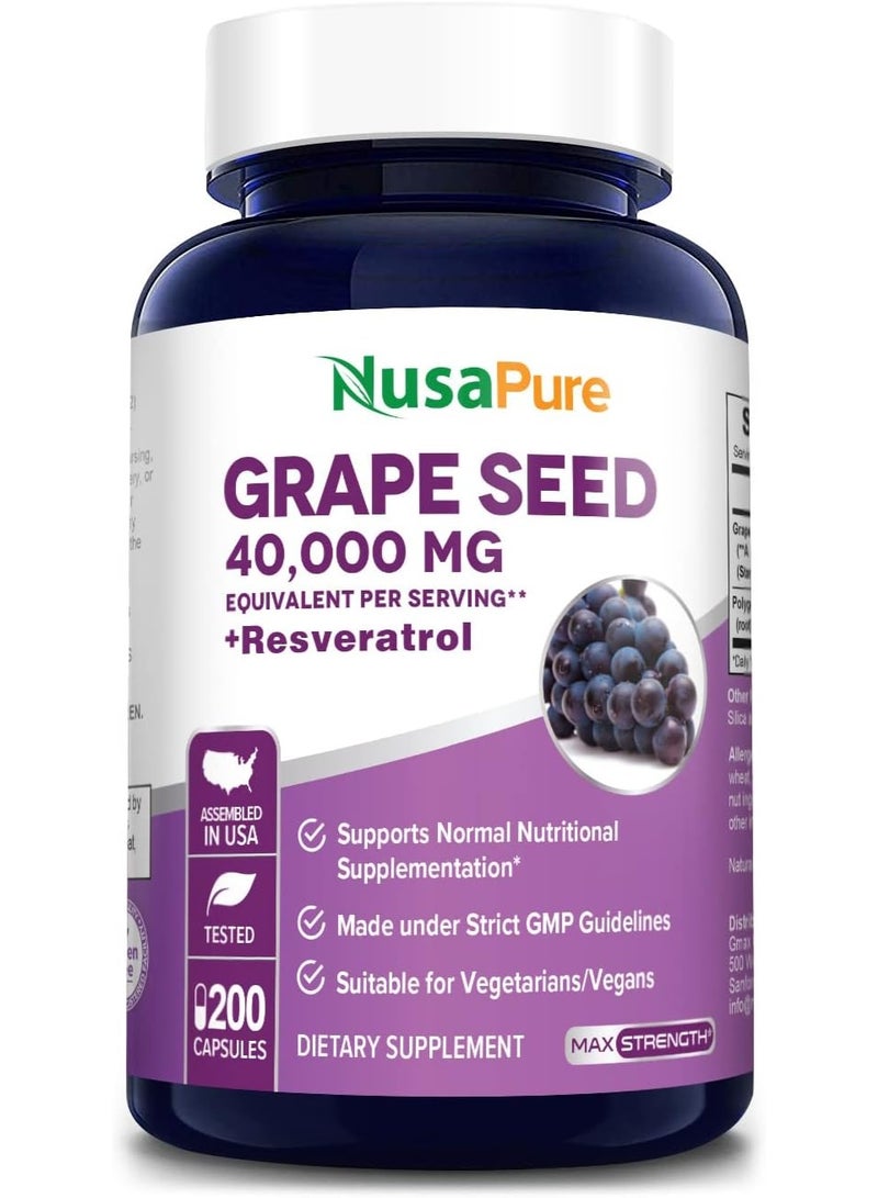 NusaPure Grape Seed Extract 40,000mg per Caps, 200 Vegan Capsules, Standardized, Non-GMO, Gluten Free, Resveratrol - Image 1