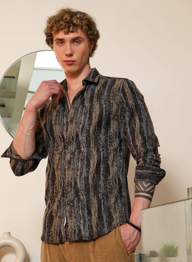 Campus Sutra Men's Artistic Striped Cotton-Polyester Blend Shirt | أكمام قصيرة | مخطط | مناسب للإطلالات الكاجوال واليومية | طوق منتشر